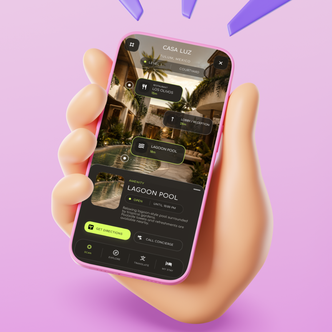 Casa Luz camera-focused hotel app mockup